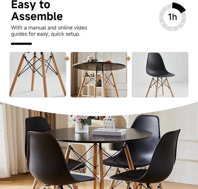 Round Dining Table Set for 4 35.5" Wood Dinner Table Circle Dining Table Kitchen Table Chairs Set of 4 with Wood Strip Base for Kitchen Living Room Space Saving Apartment(Black)