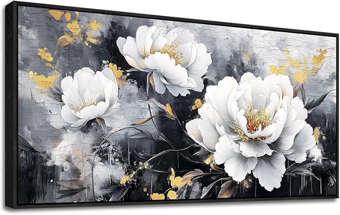 PHAOHUAXM Large Canvas Black Framed Wall Art Decor For Living Room Bedroom Abstract Painting Ink-Wash White Flowers With Home Dining Room Decorations Prints Posters Modern Room Home Decor 24"X48"