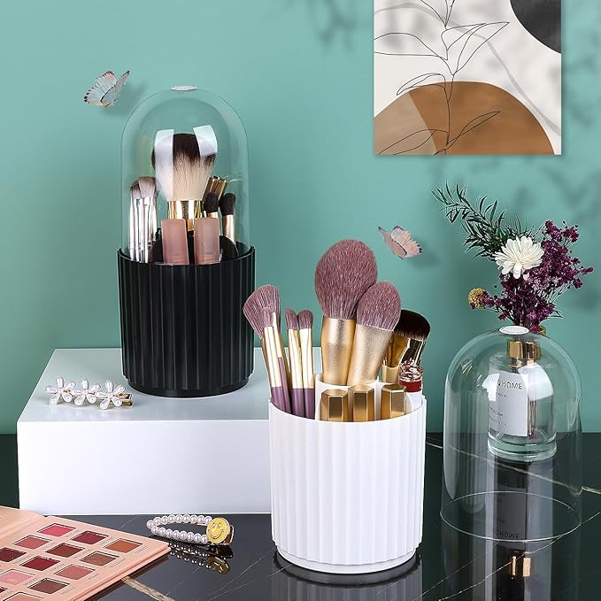 JessLab Makeup Brush Holder Organizer with Lid, 360 Degree Rotatable Spinning Cosmetics Holder Display for Bathroom Vanity Countertop, Black