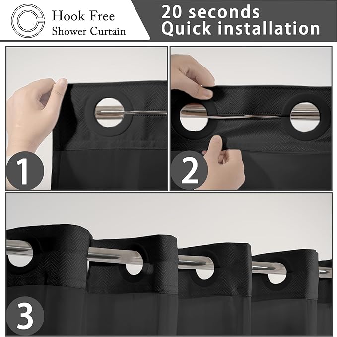 No Hook Shower Curtain with Snap in Fabric Liner Set, Black Chevron Shower Curtain for Bathroom, Washable and Water Repellent, See Through Mesh Top Window, 71x74 Inches