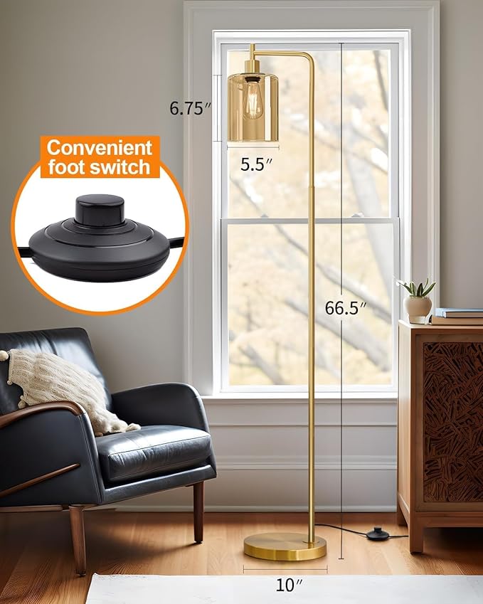 Oneach 66.5'' Floor Lamps for Living Room with Glass lampshade, Modern Gold Floor Lamp with Bulb, Industrial Standing lamp for beroom, Tall Pole Lamps Office (Bulb Included)
