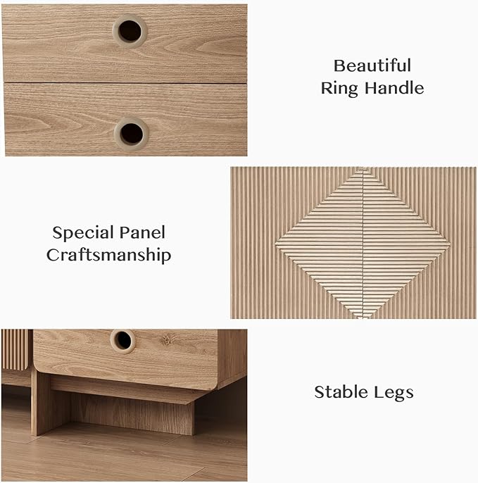 66" Fluted TV Stand, Boho TV Consoles for Living Room, Modern Entertainment Center with Storage, Media Console Cabinet for 75 inch TV(Oak)