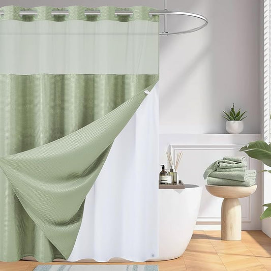 Furlinic Waffle Weave No Hook Shower Curtain with Snap in Fabric Liner Set,Heavy Duty Textured Bathroom Curtain with See Through Window,Waterproof & Machine Washable,Sage Green,71x72 Inch.