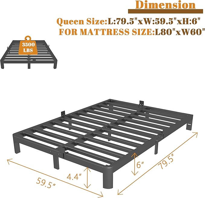 Queen Bed Frame 6 Inch Black, Metal Bed Frame Queen Size with Gaskets, No Box Spring Need, Heavy Duty Steel Platform Support, Round Corner Design, Reserved Holes, Noiseless, Easy Assembly