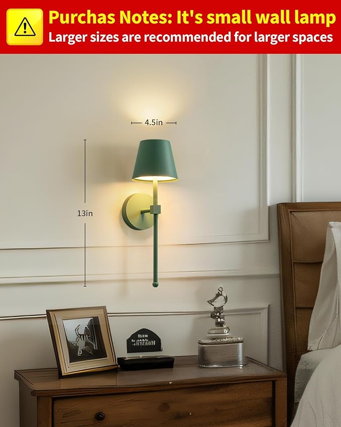 KDG Cordless Wall Sconces Set of 2, Wireless 5200mAh Rechargeable Battery LED Wall Lamps, Wall Lightings for Wall Painting, Outdoor, Garden, Living Room, Bedside, Hallway, Gifts, Night Light (Green)