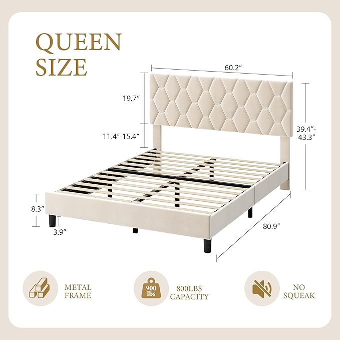 GAOMON Beige Queen Bed Frame with Upholstered Headboard, Heavy-Duty Platform Bed Frame with Strong Wood Slats, No Box Spring Needed/Noise Free/Easy Assembly