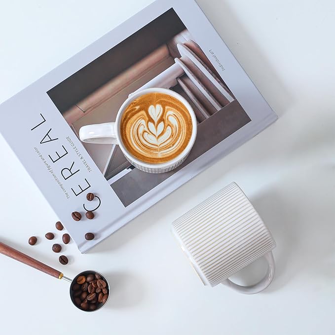 Coffee Mugs Set of 4, 12 OZ Ceramic Coffee Mugs with Handle, Vertical Stripes Coffee Cups Set for Latte/Tea/Cocoa/Milk, Microwave and Diahwasher Safe (Beige)