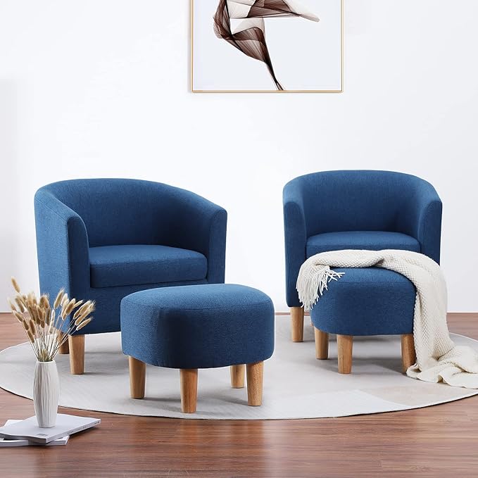 DAZONE Accent Chair Set of 2 Mid Century Modern with Ottoman Comfy Armchair Footrest Comfortable Living Room Chairs Upholstered Barrel Round Club Tub Sofa for Bedroom Reading Blue (D79402)
