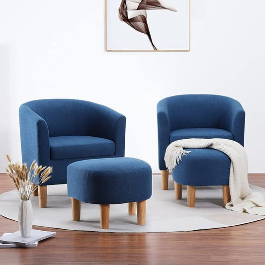 DAZONE Accent Chair Set of 2 Mid Century Modern with Ottoman Comfy Armchair Footrest Comfortable Living Room Chairs Upholstered Barrel Round Club Tub Sofa for Bedroom Reading Blue (D79402)