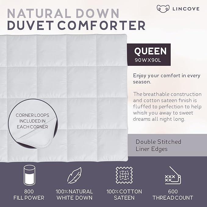 Lincove Canadian Down Comforter – Extremely Soft and Lightweight Duvet Insert – Corner Loops in Each Corner, 600 Thread Count - 100% Cotton Sateen Shell, Queen
