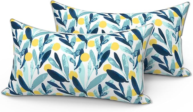 LVTXIII Set of 2 Outdoor Lumbar Pillows for Patio Furniture with White Piping, 12"x20" Fade Resistant Patio Lumbar Pillows with Inserts for Home Coach Sofa Use, Leaves Multi