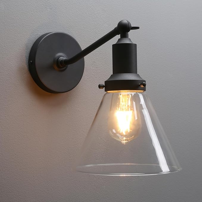PERMO Industrial Vintage Slope Pole Wall Mount Single Sconce with Funnel Flared Clear Glass Shade Wall Sconce Light Lamp Fixture (Black)