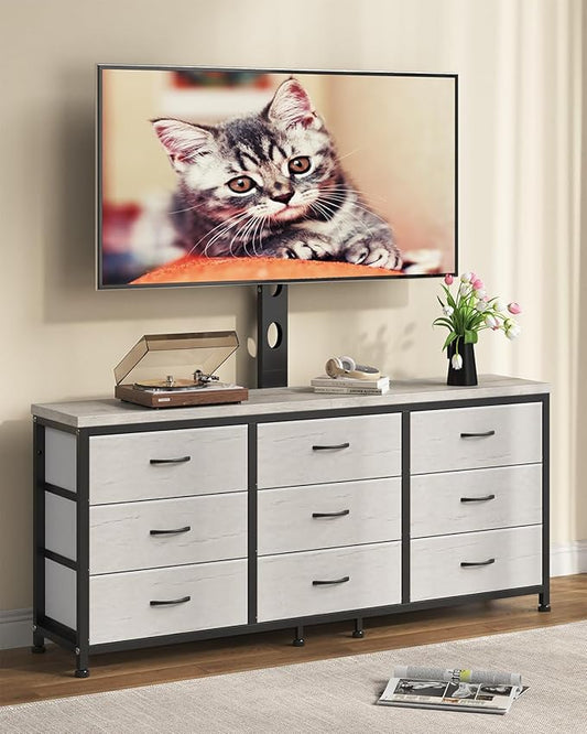 TV Stand with Mount for 32/55/65/75/85 inch TVs, Entertainment Center with 9 Fabric Drawers Dresser Storage, Height Adjustable Media Console