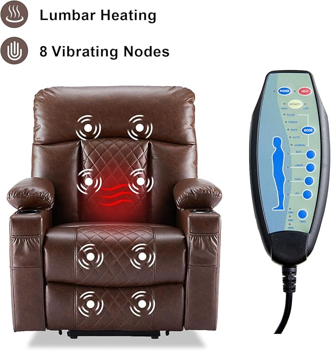 Dual Motor Power Lift Recliner Chairs with Heat and Massage for Elderly, Leather Electric Recliners with Footrest, Infinite Position Lift Chair with Cupholder,USB & Type C Ports(Brown)