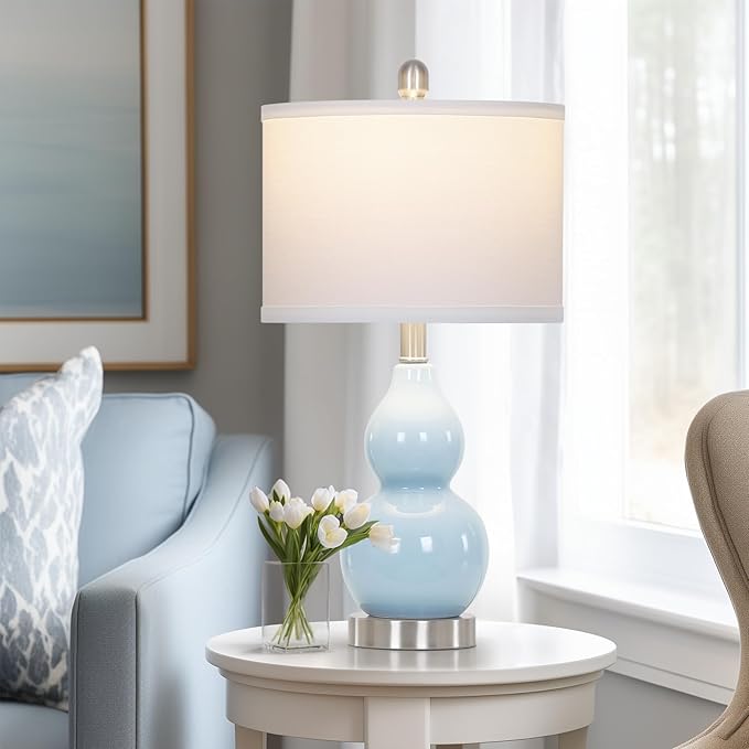 Double Gourd Ceramic Table Lamps Set of 2, Modern Blue Bedside Lamps for Night Stand, Contemporary Nightstand Lamps for Bedroom Living Room (Bulb Included)