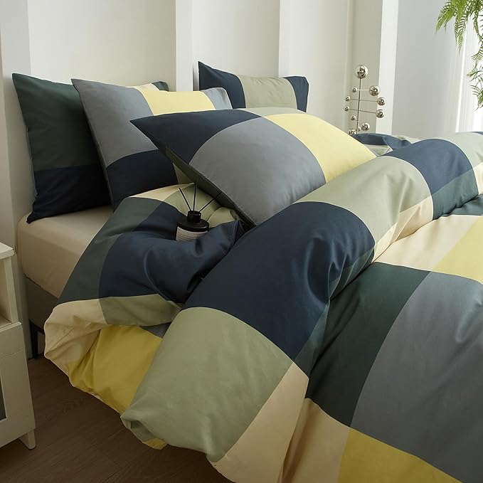 mixinni Queen Comforter Set Men Boys Geometric Checkered Plaid Pattern Bedding Comforter for All Season Soft Lightweight Bedding Set-(Queen Size, Green,Yellow,Khaki)