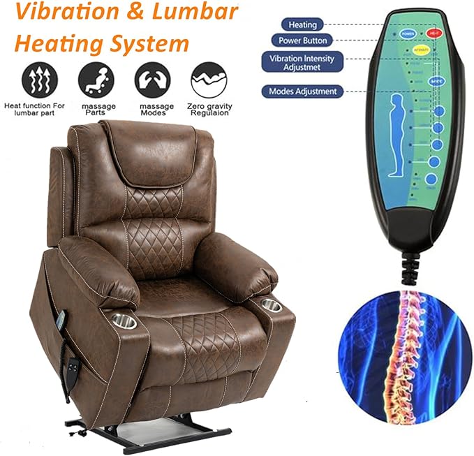 180 Degrees Lay Flat Lift Recliner with Massage and Heat, Cup Holder, 400 lb Capacity Recliner for Big and Tall Men, Lazyboy Sleeping (Brown Leather)