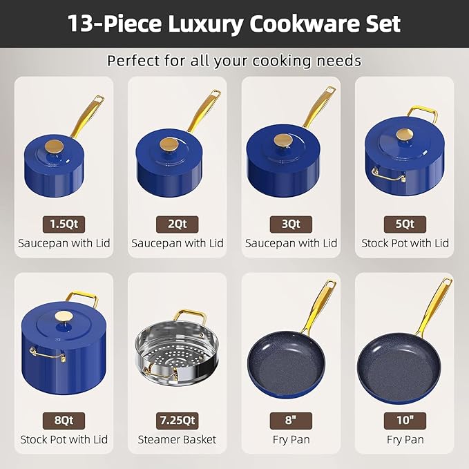 Nuwave Lux LE 13-Pc Cookware Set with Elegant Gold Handle, Diamond Infused Ceramic Non-Stick, PFAS Free, Premium Metal Lids, Ergonomic Stay-Cool Handles, Induction Ready & Compatible w/All Cooktops