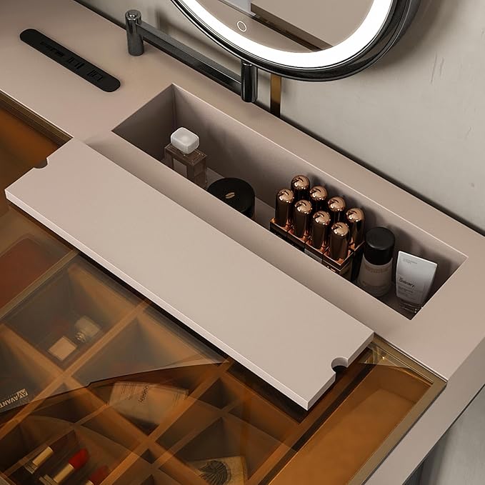 Lartis Vanity Desk with Mirror and Lights | Makeup Vanity Table with Stool Dressing Table with Drawers Vanity with Lighted Mirror and Side Cabinet for Bedroom