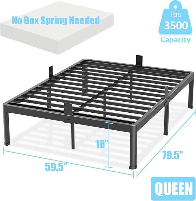 FUIOBYVV Queen Bed Frame with Round Corner Edge Legs 18 inch High 3500 lbs Heavy Duty Metal Platform Bed Frame Queen Size No Box Spring Needed/Non-Slip/Steel Slat Support/Noise Free