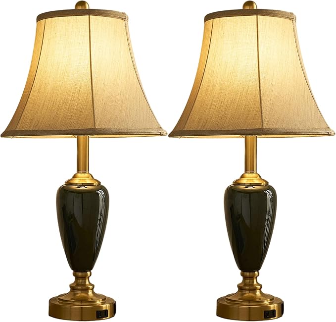 24" Ceramic Table Lamp with 3 Way Dimmable Touch Lamps - 2 USB Ports & AC Outlet Bedside Lamps, Modern Nightstand Lamp for Bedroom Living Room Office (Bulb Included) (Dark Green-2 Pack)