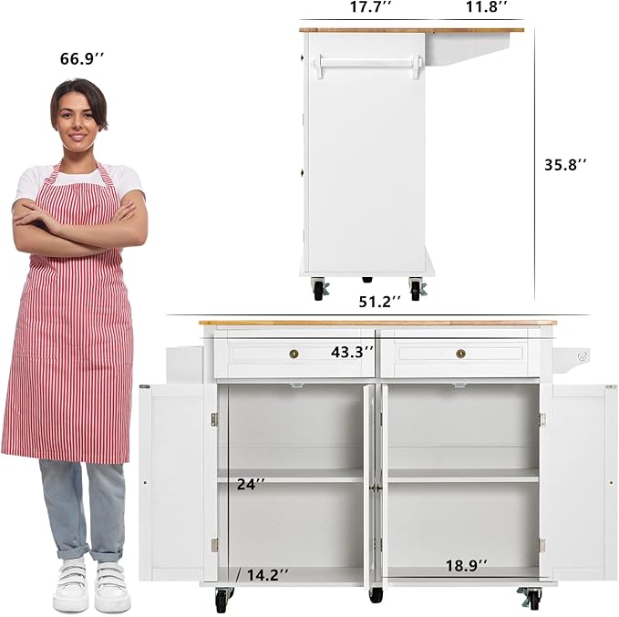 Rolling Kitchen Island with Drop Leaf – Movable Kitchen Carts on Wheels Island with Storage Cabinet, Island Table for Kitchen with Rubber Wood Top and Rack and Drawers, Matte, White