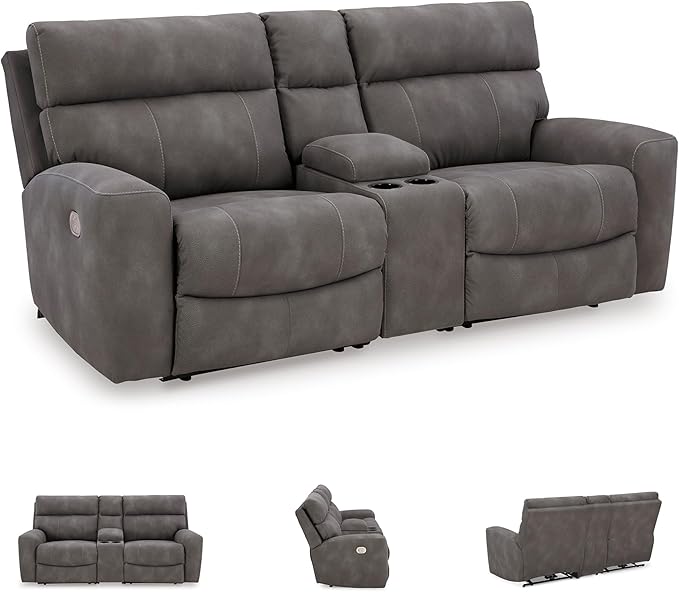 Signature Design by Ashley Next-Gen DuraPella Contemporary Faux Leather Modular Wall Hugger 3-Piece Power Reclining Sectional Loveseat with Console, Adjustable Headrest and USB Ports, Gray