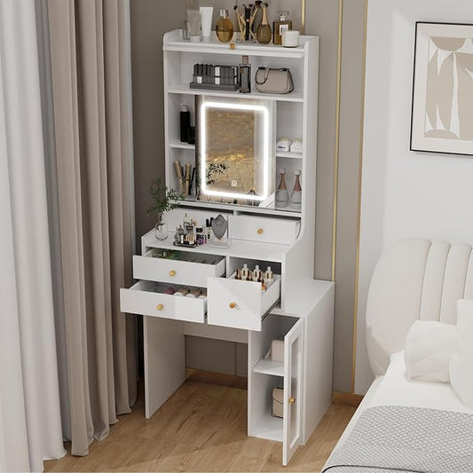 ARTETHYS Small Vanity Desk with Sliding Mirror and Lights White Makeup Vanities Set with Drawers Compact Dressing Table with Cabinet and Adjustable Shelves for Bedroom