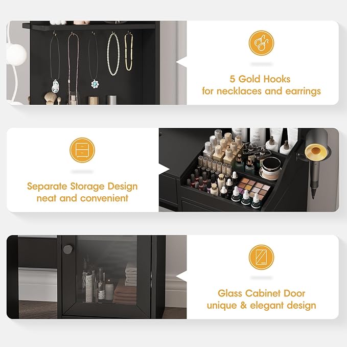 Vabches Vanity with Mirror and Lights,Makeup Vanity Table with Charging Station,Dressing Table with Stool & 3 Storage Compartments,3 Color Modes Available for Bedroom,Black