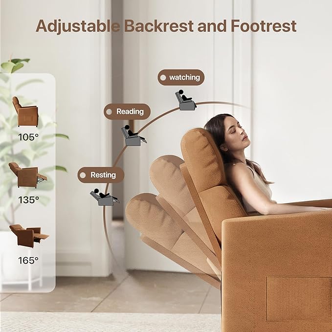 Claiks Power Recliner Chair for Adults, Adjustable Reclining Chair, Comfortable Recliner Couch with Side Pockets&Wire Remote Control, for Living Room, Home Theater, Bedroom, Linen Fabric, Orange