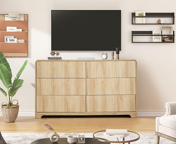 Fluted 6 Drawers Dresser for Bedroom, 53" Wide Mid Century Modern Chest of Drawer with Curved Profile Design, Large Double Wood Dresser for Living Room