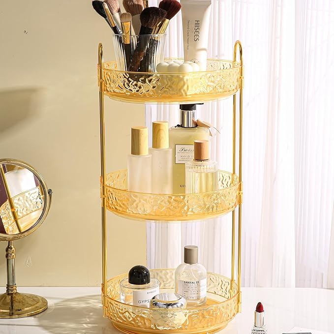 Fangoo 3 Tiers Gold Rotating Makeup Organizer for Vanity, 360 Spinning Skincare Organizers for Dresser Perfume Organizer Large Skincare Make Up Storage Cosmetic Organizer for Bathroom Countertop