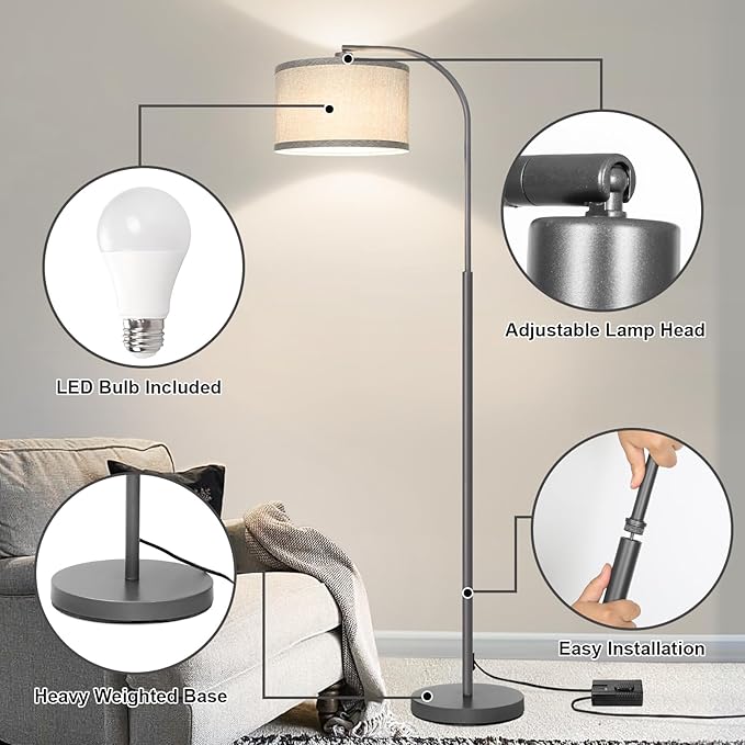 Boncoo Dimmable Floor Lamp, Arc Floor Lamps for Living Room, Stepless Dimmable Standing Lamp with Adjustable Drum Shade, Modern Arched Corner Light for Bedroom, Office, LED Bulb Included