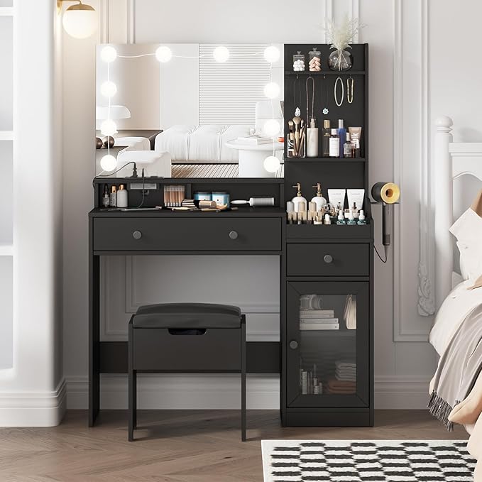 Vabches Vanity with Mirror and Lights,Makeup Vanity Table with Charging Station,Dressing Table with Stool & 3 Storage Compartments,3 Color Modes Available for Bedroom,Black