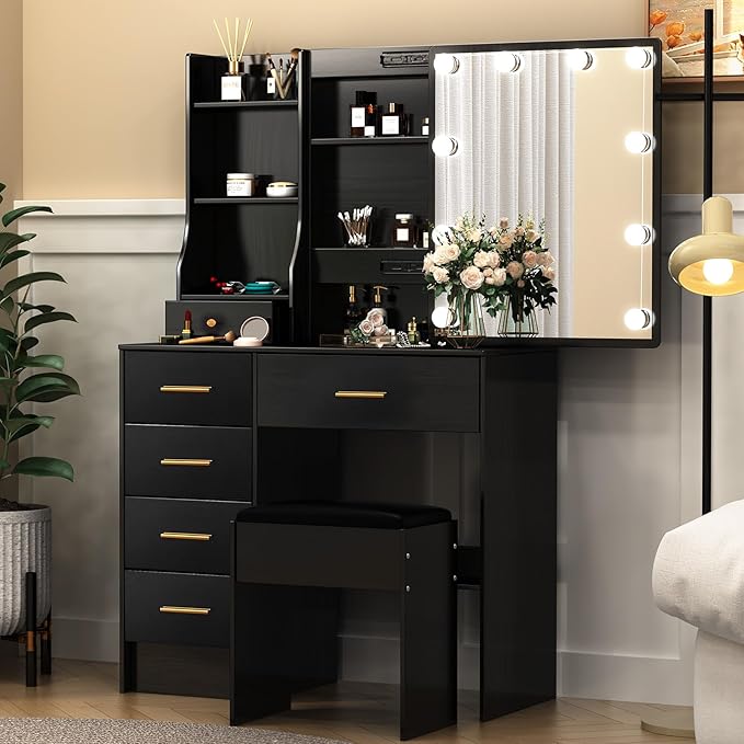 Vanity Desk with Sliding Mirror and Lights, Small Makeup Vanity Table Set with Chair and Drawers, Black Vanity with Lighted Mirror for Bedroom, Dressing Table for Teen Girls and Women