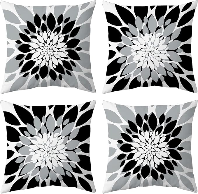 Qahing Pack of 4 Outdoor Waterproof Pillow Covers 18x18 Decorative Outdoor Throw Pillows Garden Square Cushion Cases for Patio Furniture, Couch, Tent Sunbrella, Bench, Black Grey