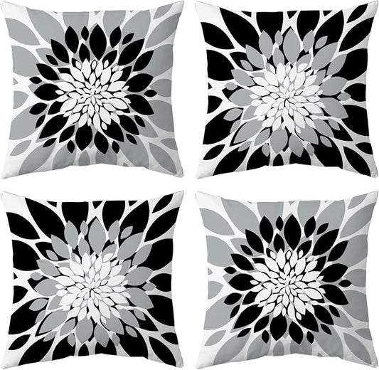 Qahing Pack of 4 Outdoor Waterproof Pillow Covers 18x18 Decorative Outdoor Throw Pillows Garden Square Cushion Cases for Patio Furniture, Couch, Tent Sunbrella, Bench, Black Grey