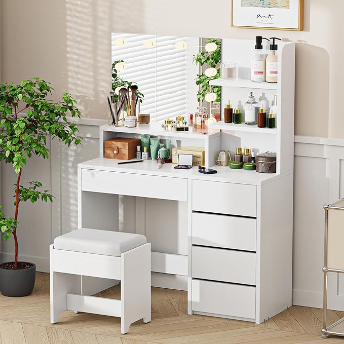Vanity Desk with Mirror and Lights, 37-Inch Wide Makeup Vanity with Upholstered Vanity Stool, 5 Drawers Makeup Table with Lighted Mirror, 3 Lighting Modes Brightness Adjustable for Bedroom, White