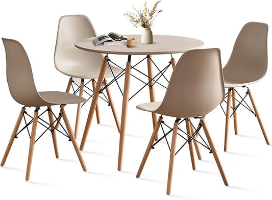 31.5'' 5 Piece Round Dining Table Set for 4, Mid-Century Modern Table with Chairs, Space Saving, Plastic Seats, Wood Legs, Circle Dinner Table for Kitchen, Home, Apartment, Khaki