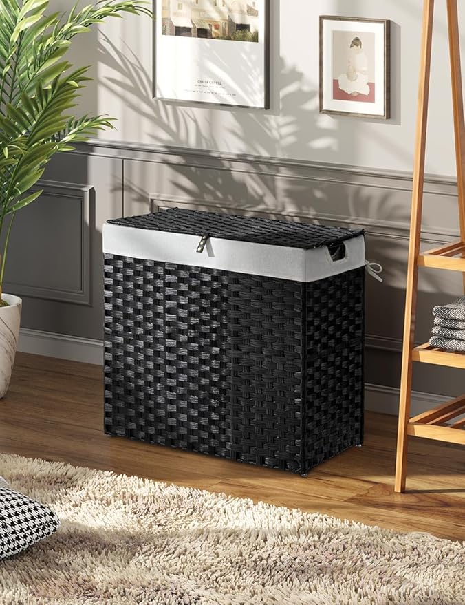 Greenstell Laundry Hamper with lid, No Install Needed, 130L Wicker Laundry Baskets Foldable 2 Removable Liner Bags, 2 Section Clothes Hamper Handwoven Rattan Laundry Basket with Handles, Black