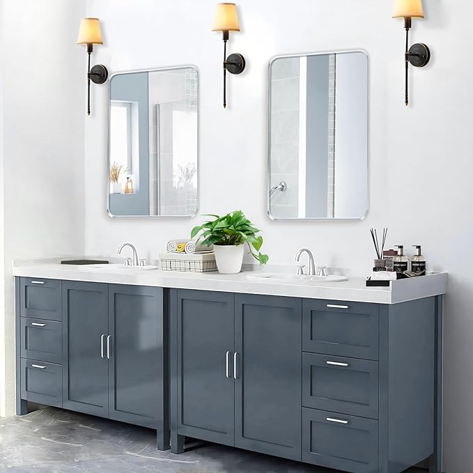 Wall Mount Mirror for Bathroom, Brush Silver Metal Framed Rounded Corner Rectangular Vanity Mirror (16" x 20", Silver)