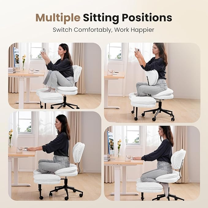 Cross Legged Office Chair, Ergonomic Cloud Criss Cross Desk Chair, Meditation Chair with Wheels, Height Adjustable Seat for ADHD, Wide Kneeling Chair with Back Support, Corduroy Fabric, White