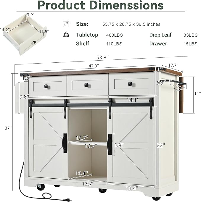 Merax 53.7" Kitchen Cart Island on Wheels with Power Outlet,Drop Leaf and 2 Sliding Barn Door,Farmhouse Style Storage Cabinet for Dining Room