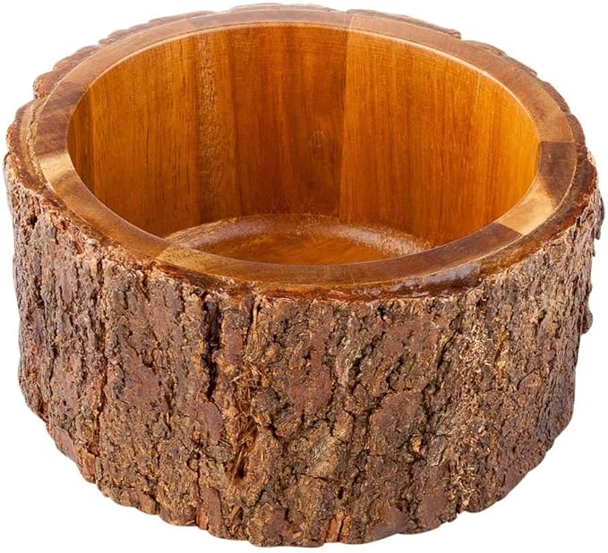 Restaurantware Medium Round Acacia Wood Serving Bowl Varnished with Bark D6x3 inches 30 Ounce 1ct Box