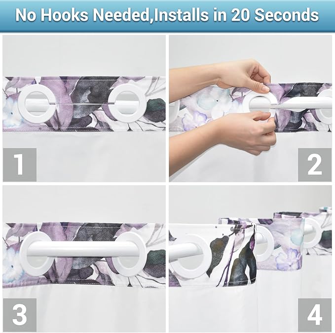 No Hook Shower Curtain with Snap in Liner - Eucalyptus Shower Curtain - Washable Waterproof Inner Liner, Plants Plum Leaves Modern Shower Curtains - Machine Washable, 71 x 74