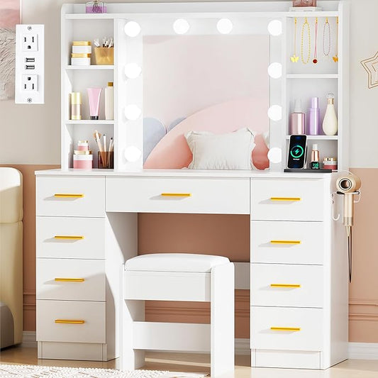 ANWBROAD Large Vanity Desk with Mirror and Lights 43" Makeup Vanity Desk with Lights 3 Colors 9 Drawers Power Outlet 6 Storage Shelves 5 Hooks White Dressing Table with Stool for Bedroom Girls UBDT87W