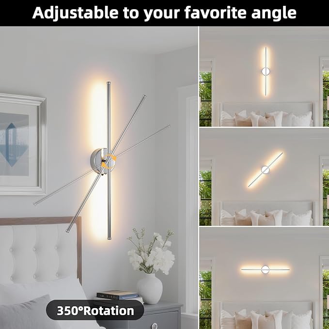 Battery Operated Wall Sconce Set of 2, Chrome 27.5" LED USB Rechargeable dimmable Wall Sconce with Remote Control, Rotate 350° for Living Room, Bedroom, Hallway and scones Lighting