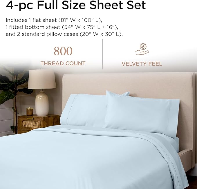 Threadmill Luxury 800 Thread Count Full Size 100% Cotton Sheets - Light Blue Sateen Weave Bed-Sheets, Better Than Egyptian Cotton, 4 Pc Solid Bedding Set, Fits 16" Deep Pocket
