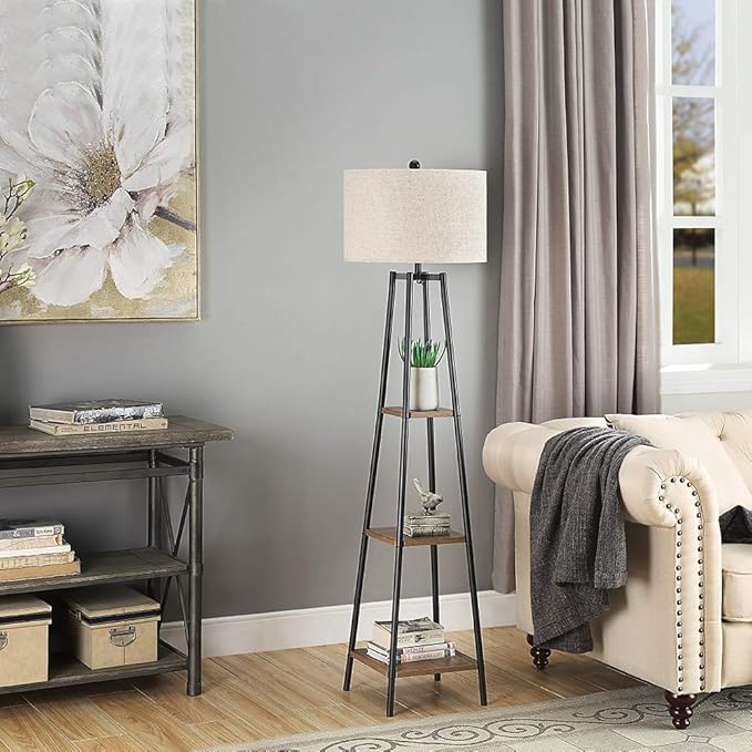 Floor Lamp, Standing Reading Light with Shelves and Fabric Shade, Modern Tall Pole Lamp, Accent Furniture Décor Lighting for Living Room, Bedrooms