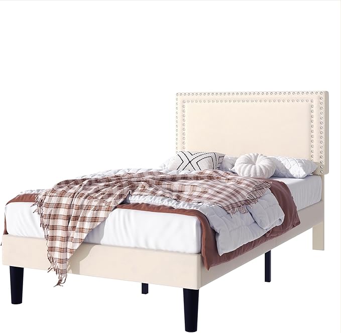 VECELO Twin Size Bed Frame with Adjustable Upholstered Headboard, Strong Wood Slats Platform Support, No Box Spring Needed, Easy Assembly